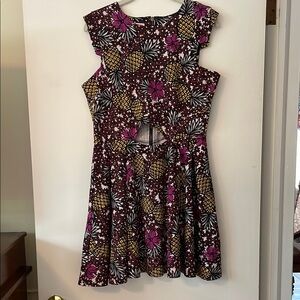 Bongo Pineapple and Purple Floral Print Skater Mini Dress Large